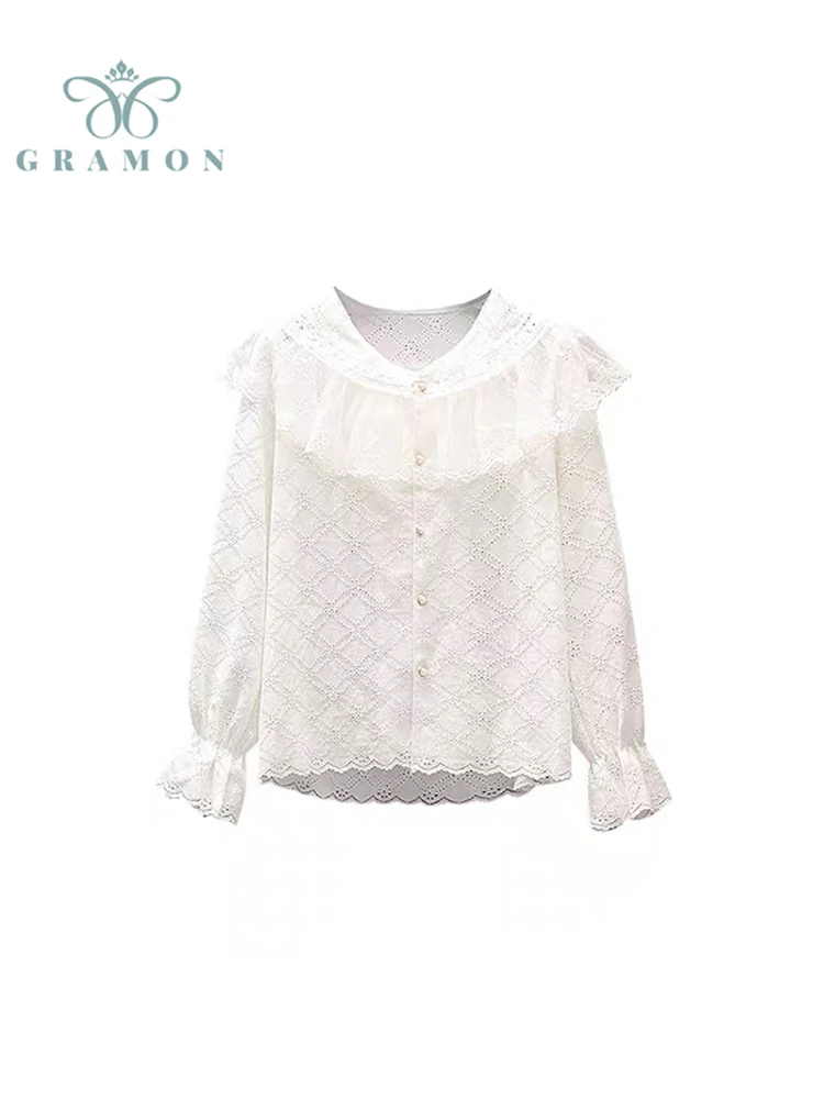 

Женская кружевная рубашка, однотонная однобортная блузка с длинным рукавом и воротником «Питер Пэн» в Корейском стиле, весна 2022