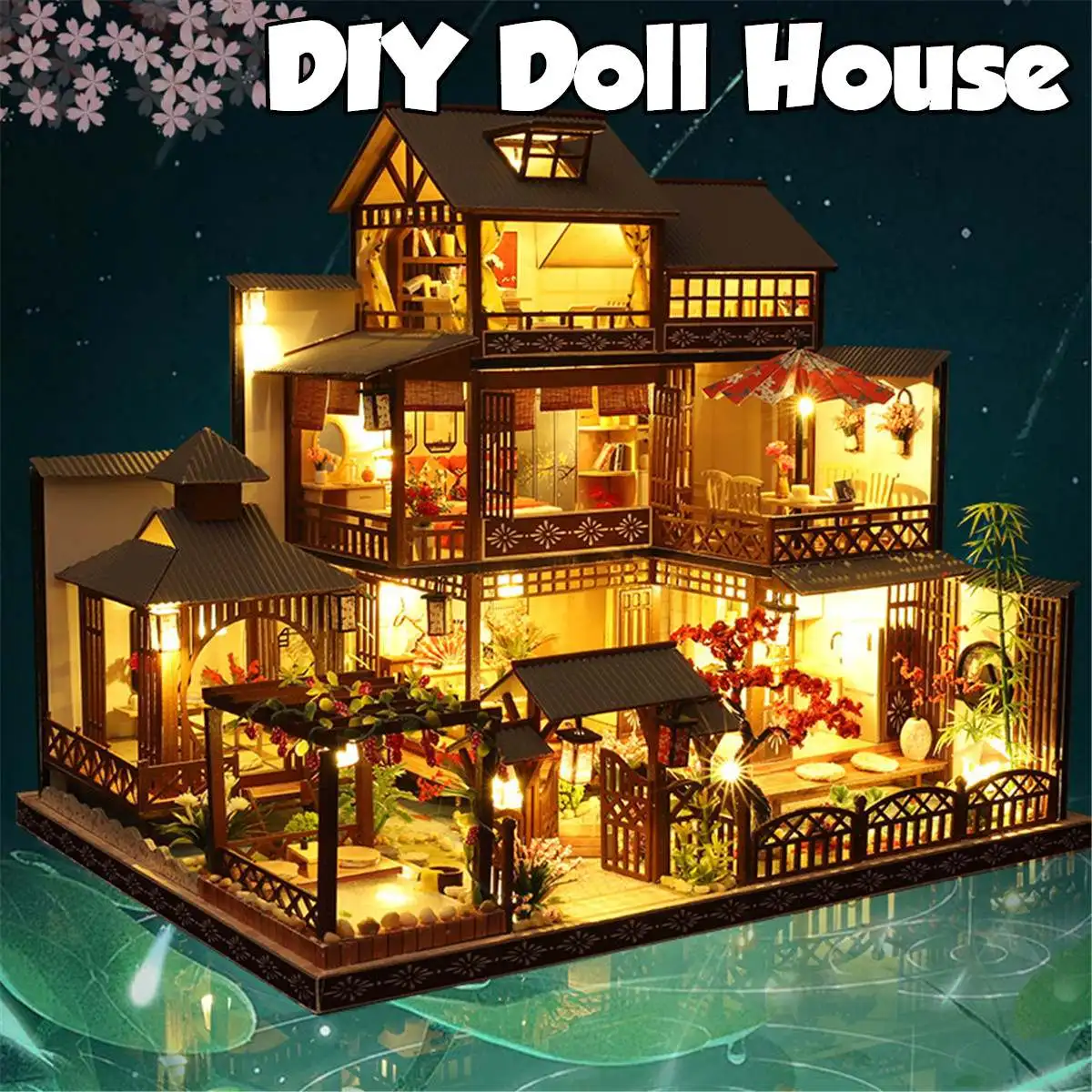 

DIY Japanese Villa Dollhouse With Furniture LED Light Miniature Dolls house Loft House Model DIY Dollhouse-Toys Model Furniture