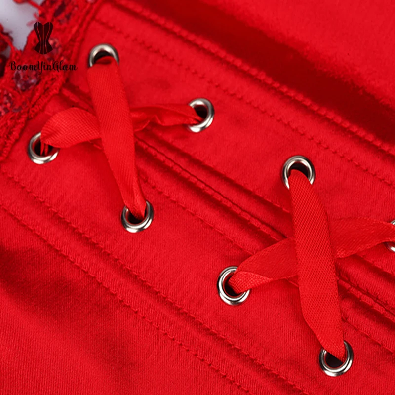 Красный женский винтажный корсет с кисточками без бретелек блестками со