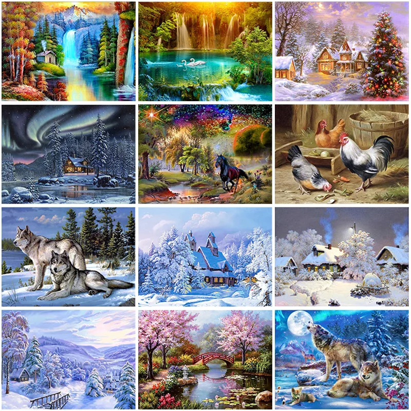 

5D Diamond Painting Waterfall Landscape Full Round Square Animals Peacock Diamond Mosaic Sale Winter Scenery Home Decor In Stock