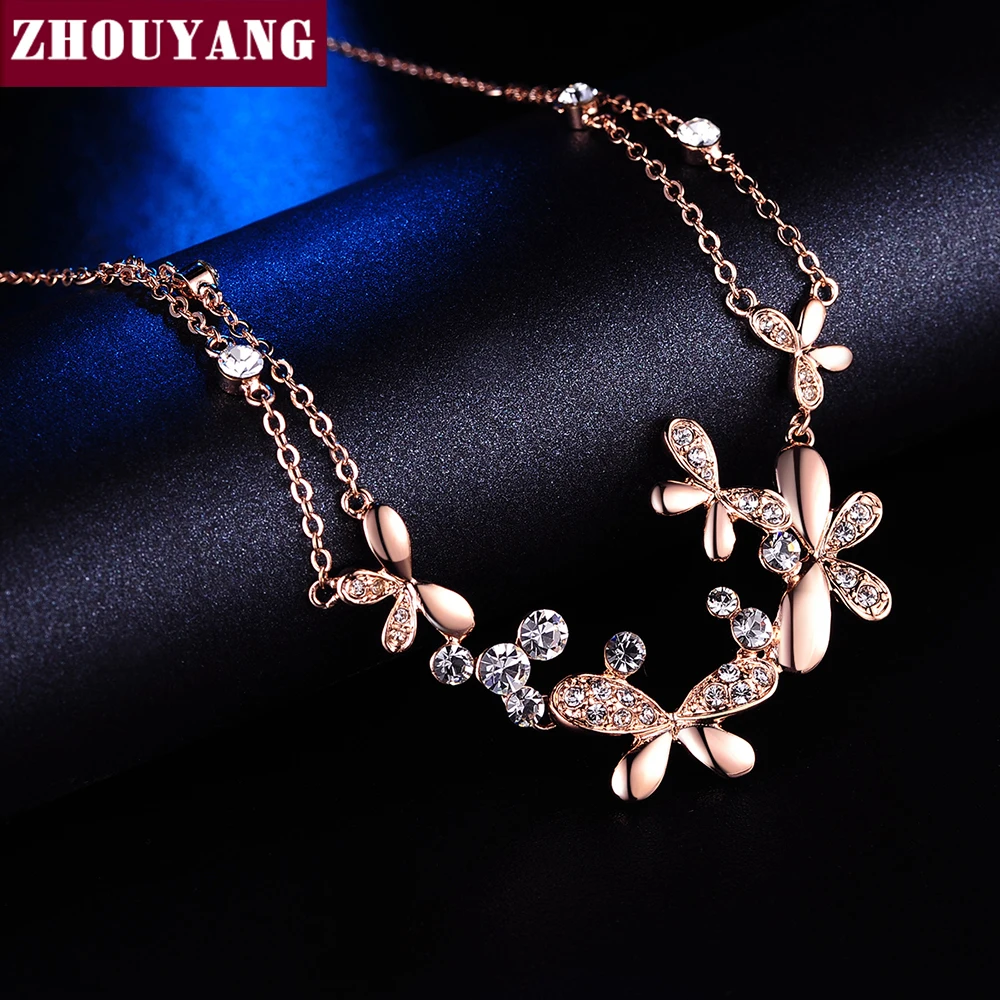 Высококачественное ожерелье ZHOUYANG с подвеской в виде бабочки и цветов, цвет розового золота, ювелирные изделия, австрийский хрусталь N037 N038 N067