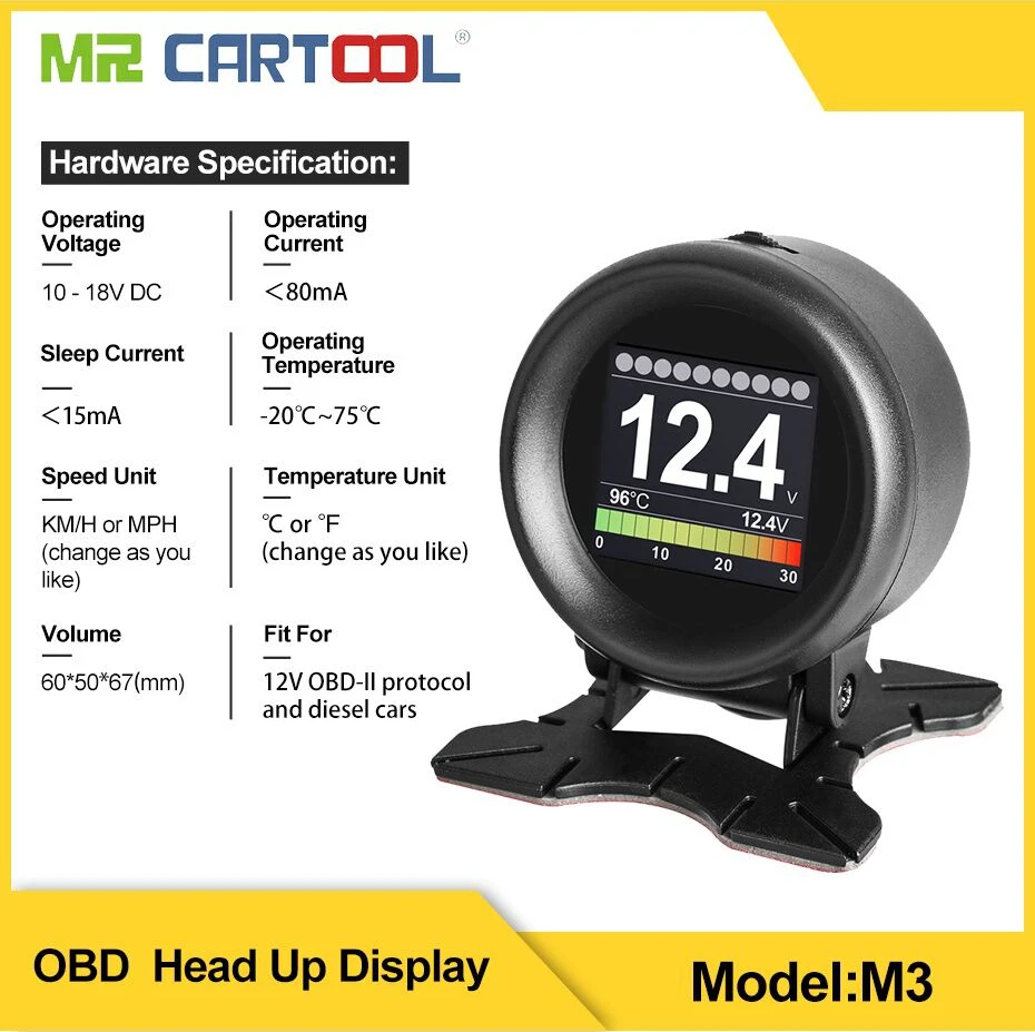 MR CARTOOL M3 автомобильный OBD2 HUD Дисплей gps Спидометр превышение Предупреждение датчик температуры воды масла цифровой OBD2 диагностический инструмент