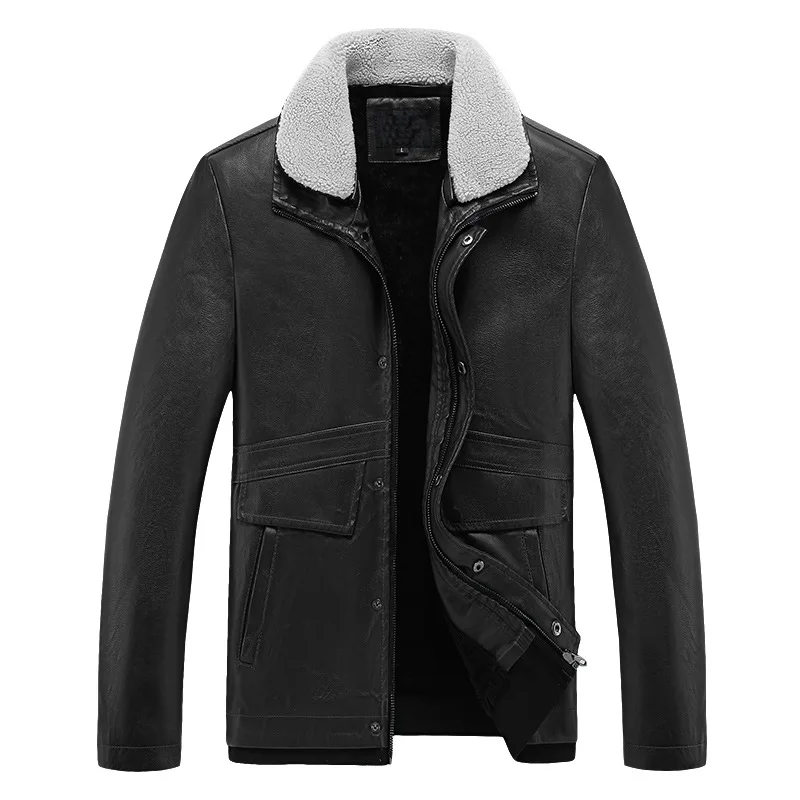 

New Winter Fleece Leather Jackets Men Warm Fur Pu Jacket Mens Biker Leather Men Warm Thick Turn Down Collar Overcoats Plus Size