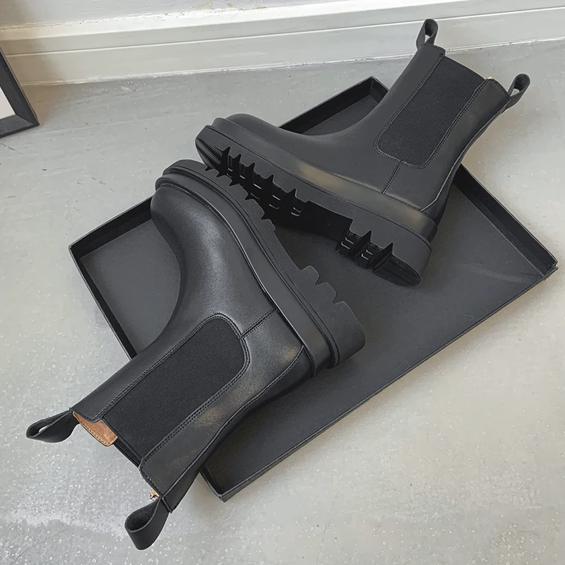 

Women's genuine leather elastic patchwork slip-on platform flats ankle boots autumn winter warm plush short chelsea boots shoes