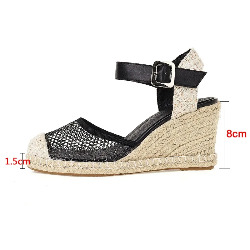 

Fisherman Shoes Sewing Thread Straw Platform Summer Fishnet Mesh Slingback Sandals Ankle Wrap Wedges High Heels Plus Size 41 42