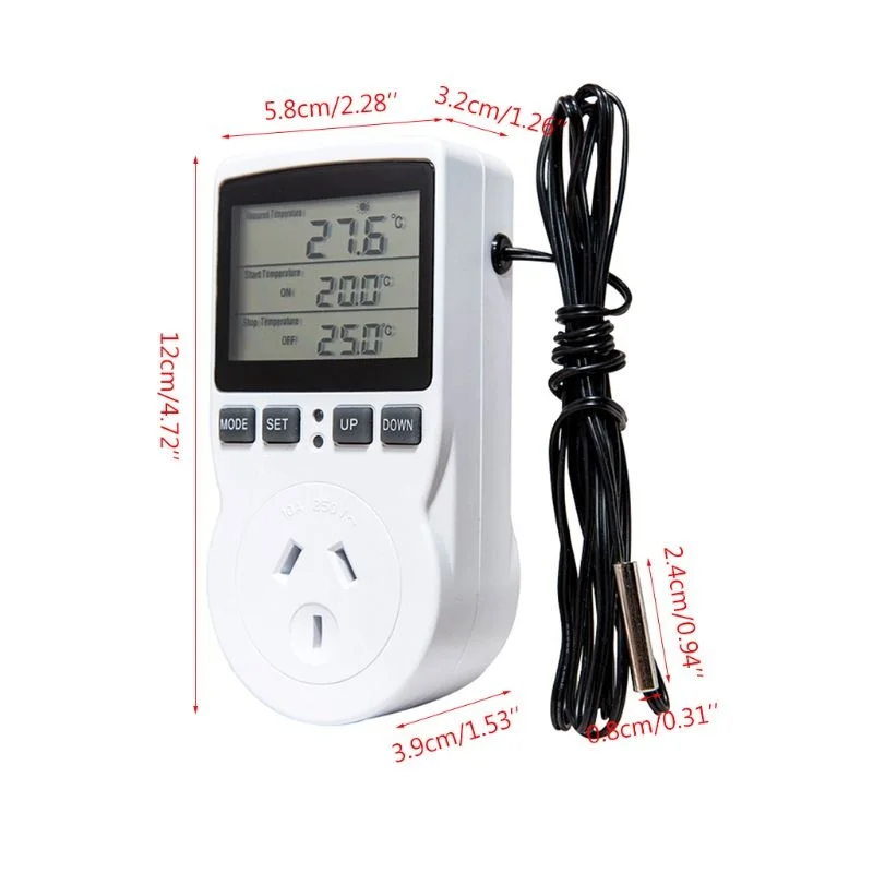 

Multi-Function Thermostat Digital Temperature Controller Socket Outlet w/ Timer Switch Sensor Probe Heating Cooling 16A