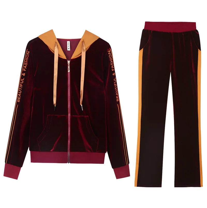 Женский спортивный костюм бархатный свободный на молнии куртка с капюшоном и