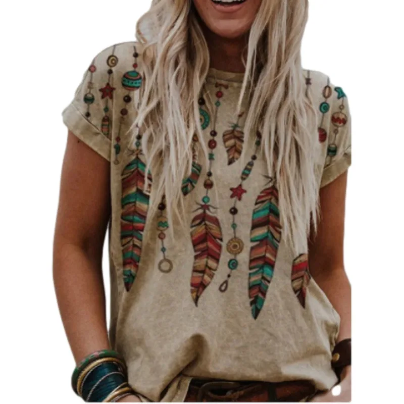 

Vintage Feather Print Tunic Tops Summer Women Casual Short Sleeve Plus Size Harajuku T Shirt Female Clothing Tees Mujer Camiseta