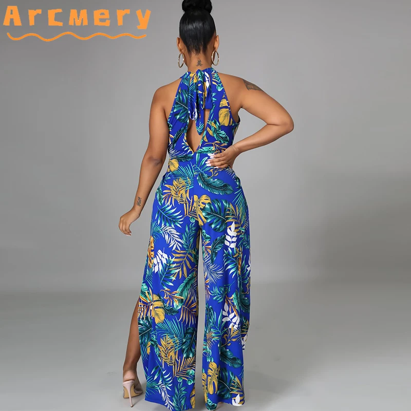 

Women Printed Halter Howllow Out Slit Wide Leg Jumpsuits
