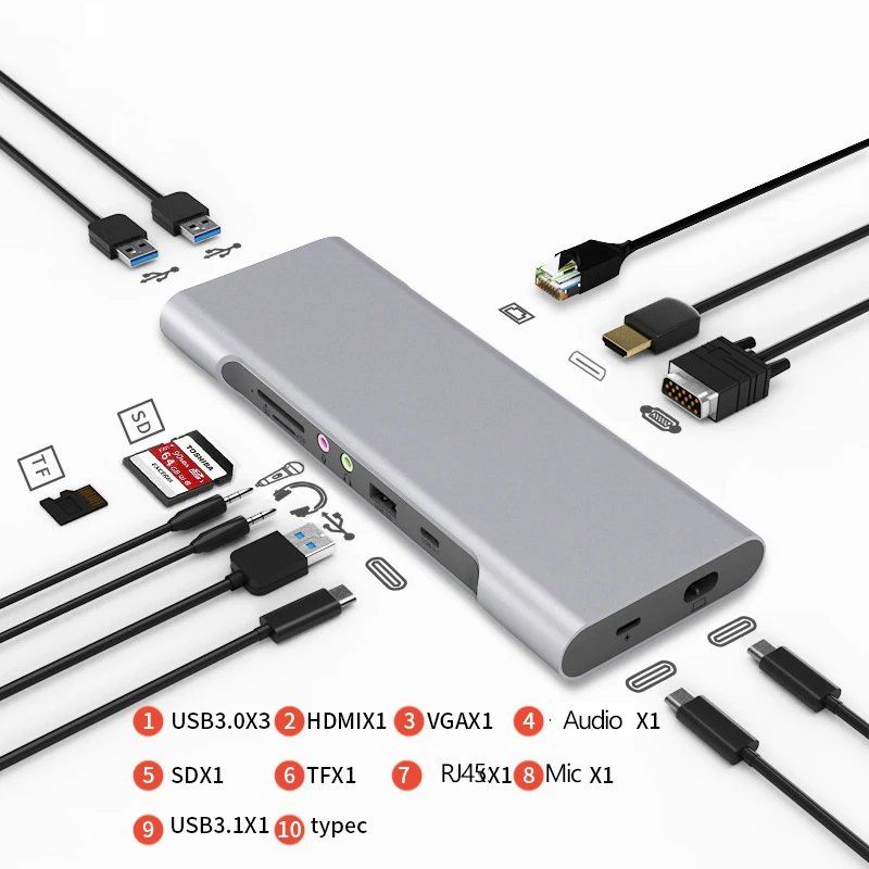 Док-станция Type c с алюминиевым кард-ридером HDMI RJ45 PD зарядное устройство аудио для