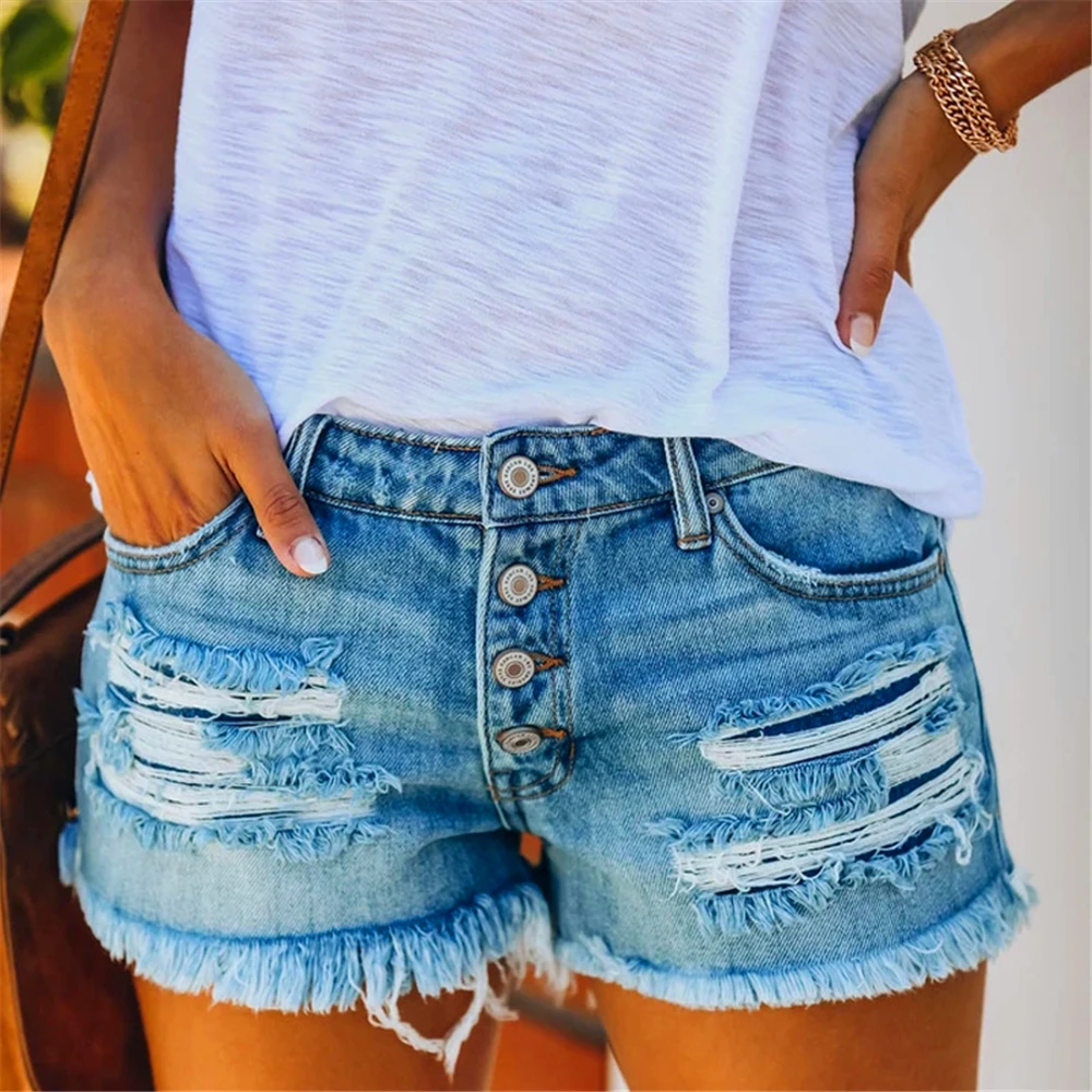 

Cotton High Waist Hole Denim Shorts Women 2021 Summer Blue Straight Sexy Ripped Tassel Slim Streetwear Button Fly Jeans Shorts