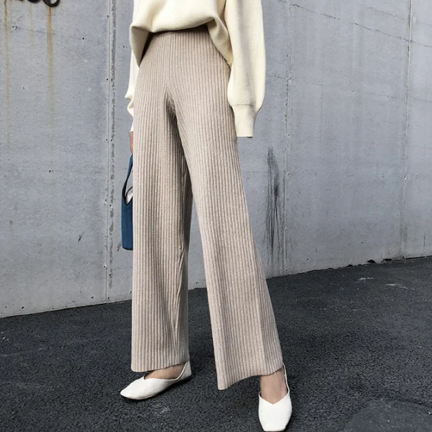 Новинка 2020 Осень зима женские штаны широкие высокая талия эластичная шерстяные