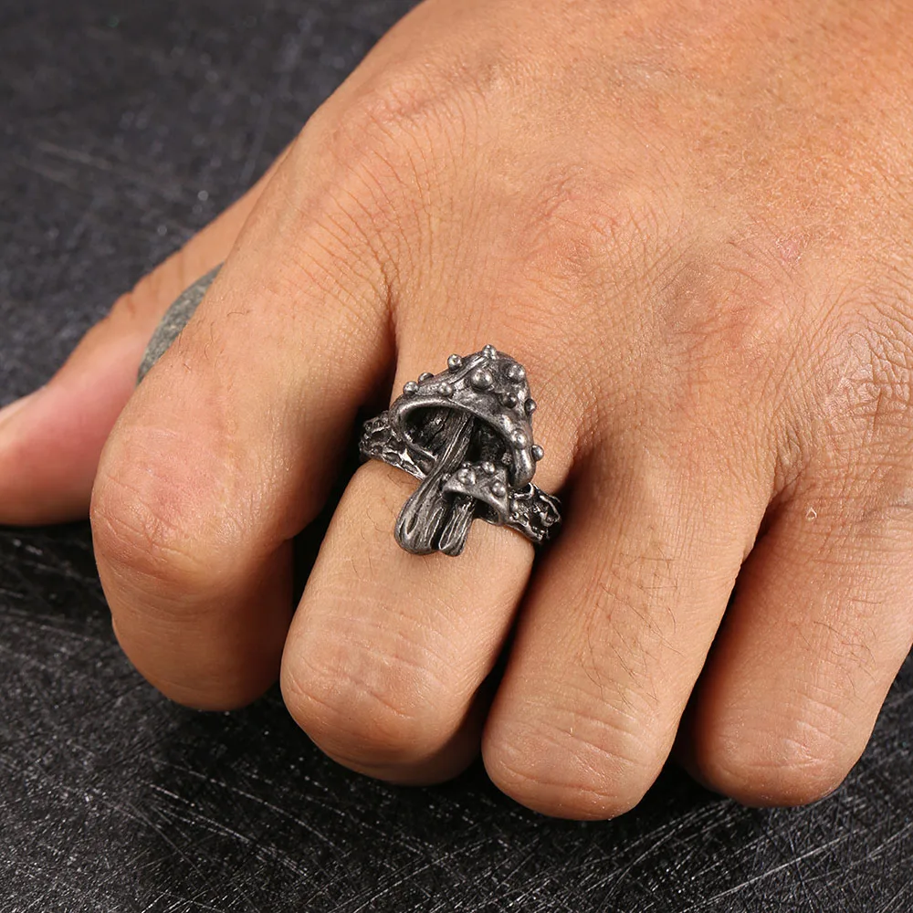

Vintage Punk Mushroom Ring For Women Man Rock Metal Plant Open Ring Street Hip Hop Cool Man Jewelry Rings