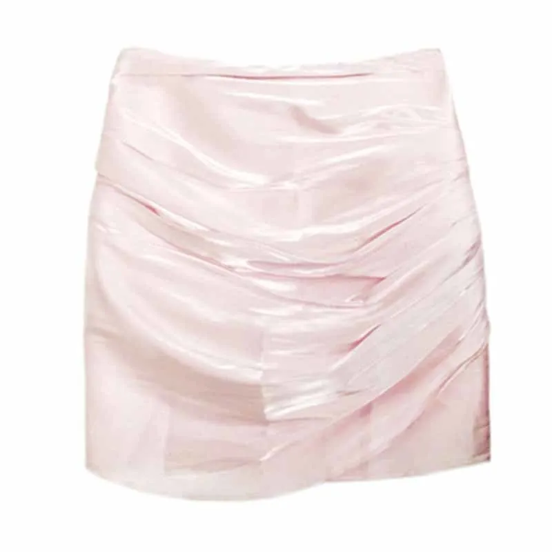 

VGH Pink Two Piece Set For Women Square Collar Short Sleeve Shirt High Waist Ruched Slim Mini Skirts Elegant Sets Female Stylish