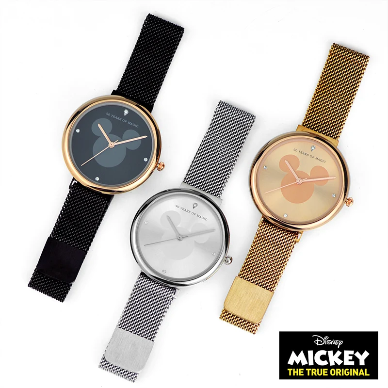 Disney official Original Mickey Mouse Women Watches Stainless Steel Ladies Rose Gold Quartz Clocks Waterproof 90 Years Of Magic | Наручные