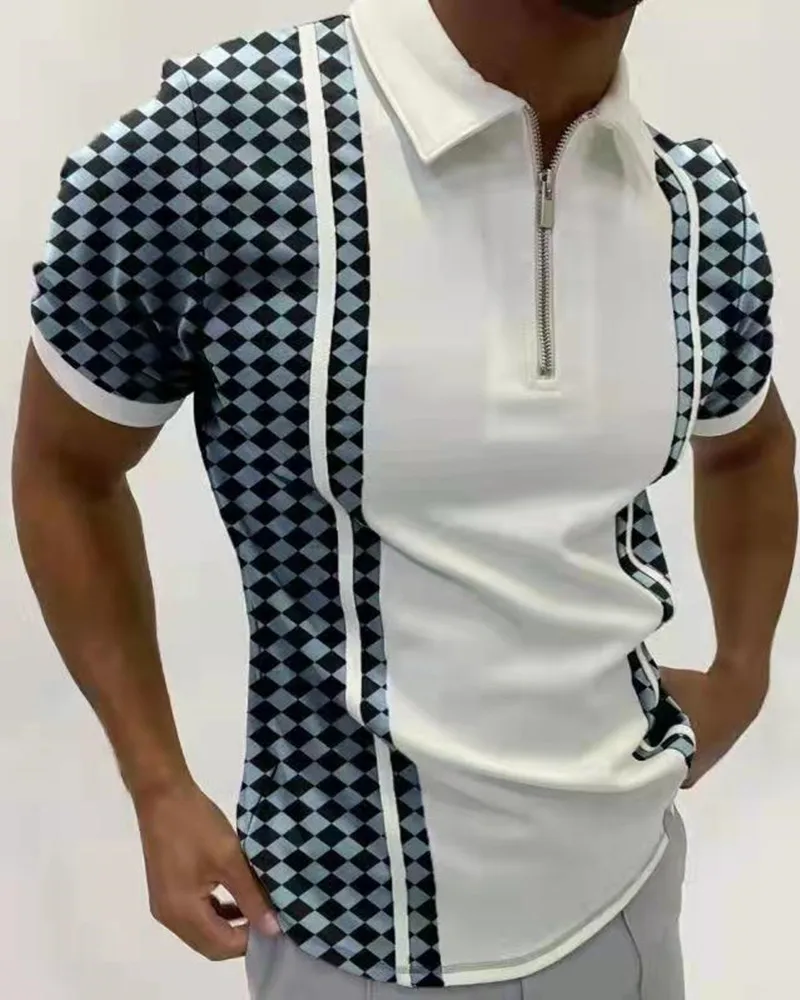 

Men's Golf Shirt Other Prints Striped Tartan Letter Short Sleeve Going out Tops Designer Punk & Gothic White