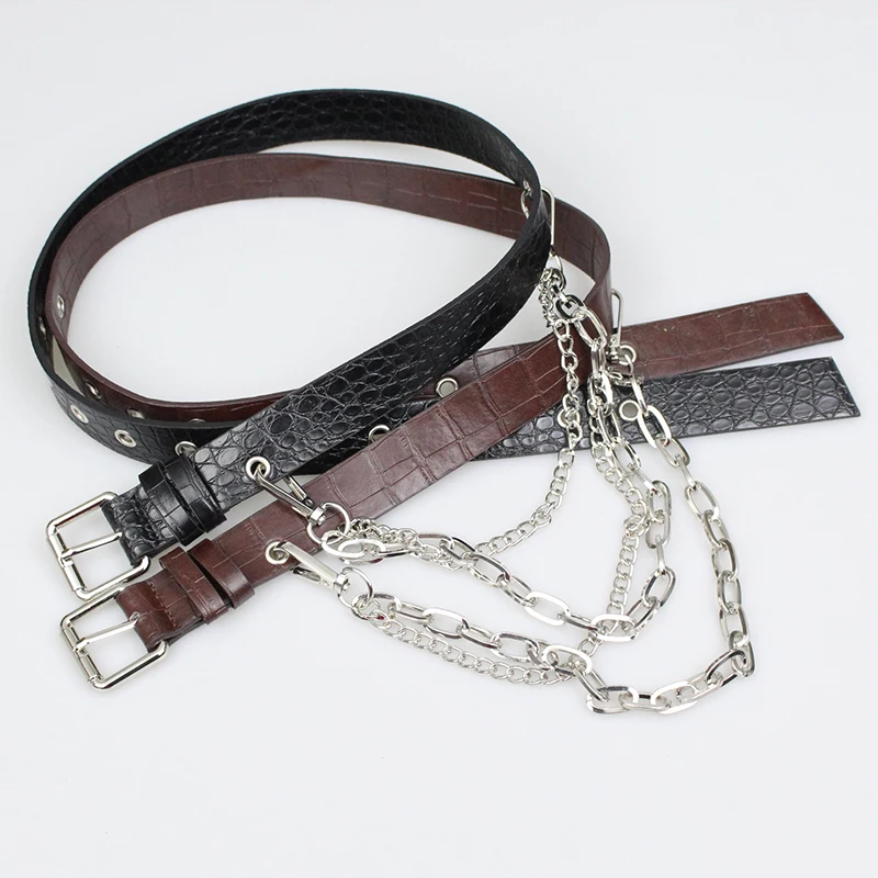 

Popular women's belt punk style perforated chain slim decoration belt black