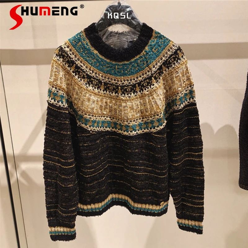 2021 New Fall Winter Ladies Palace Style Gold Line Striped Knitted Top Women's Fashion Retro Ethnic Style Loose Pullover Sweater