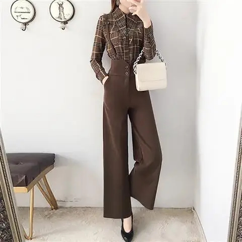 

Retro Wide-leg Pants Suit Women's Winter Wear 2021 New Fashion Hong Kong Style Bib Two-piece Suit Western Style Autumn Wear
