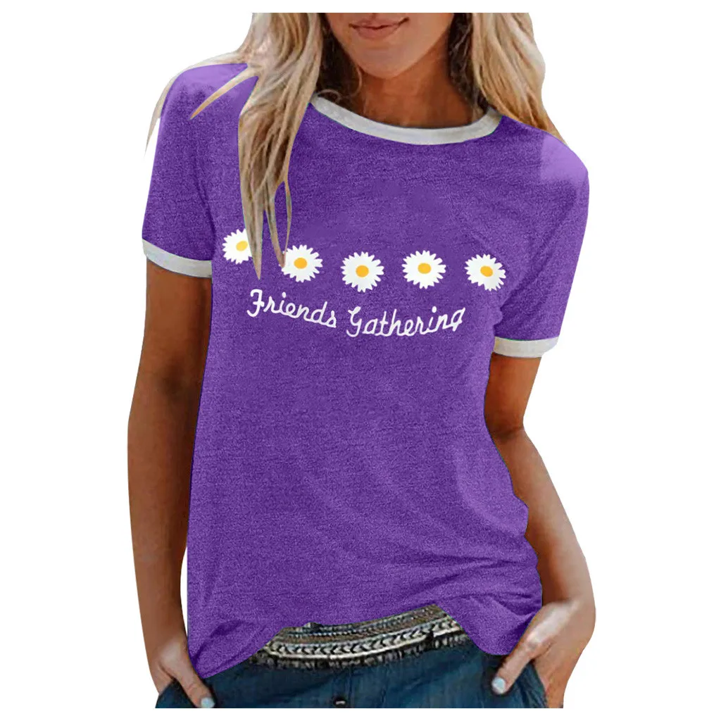 Женские Футболки в стиле Харадзюку с цветочным принтом летние круглым вырезом и