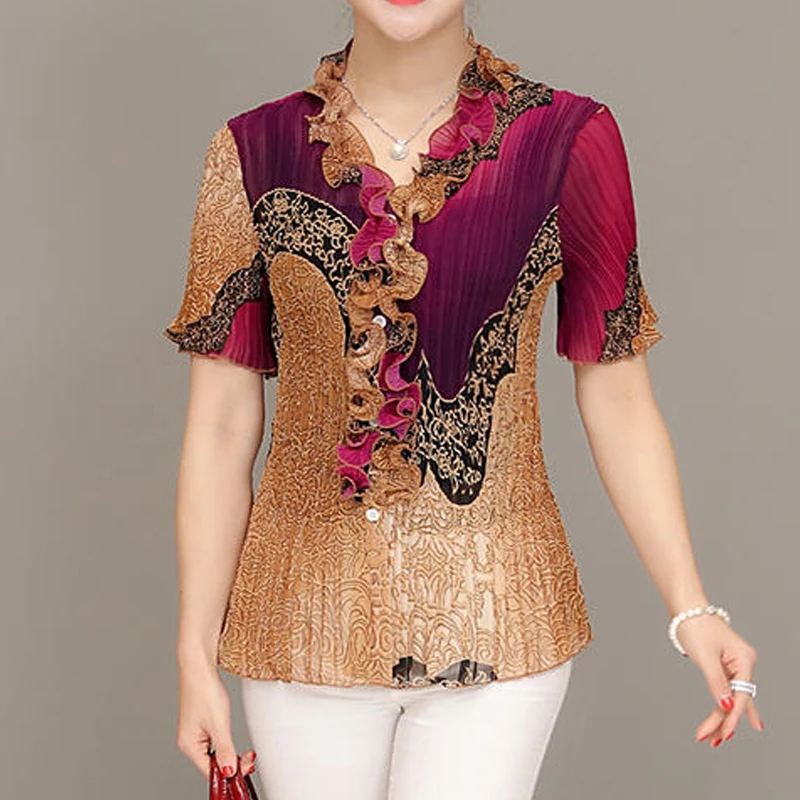Новая летняя шифоновая блузка для женщин среднего возраста рубашка с коротким