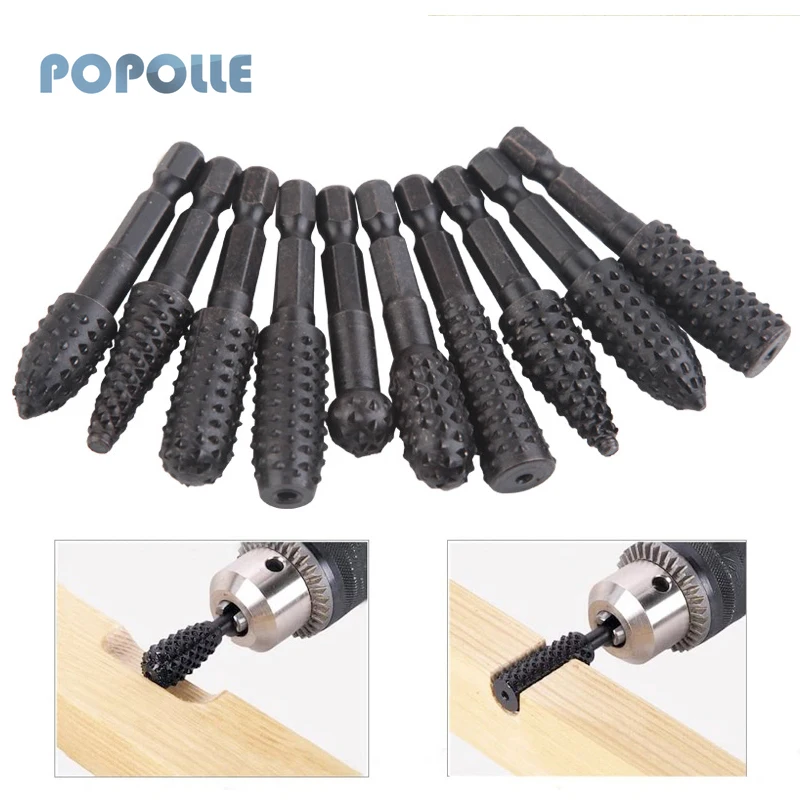 10pcs Woodworking Polishing Rotary File Steel Hexagonal Shank Burr File Drill Bit Set Wood Carving Abrasive Electric Grinder