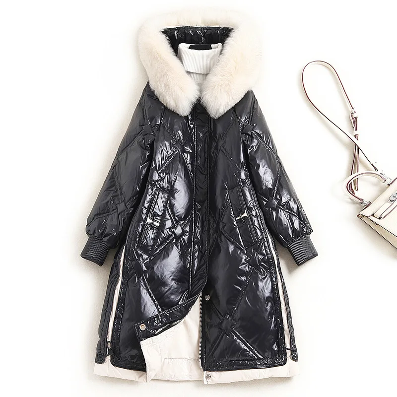 Fur Winter Coat Hood Fox Wide-waisted Long Solid Zipper 90% White Duck Down Jacket Women Futro Damskie Naturalne