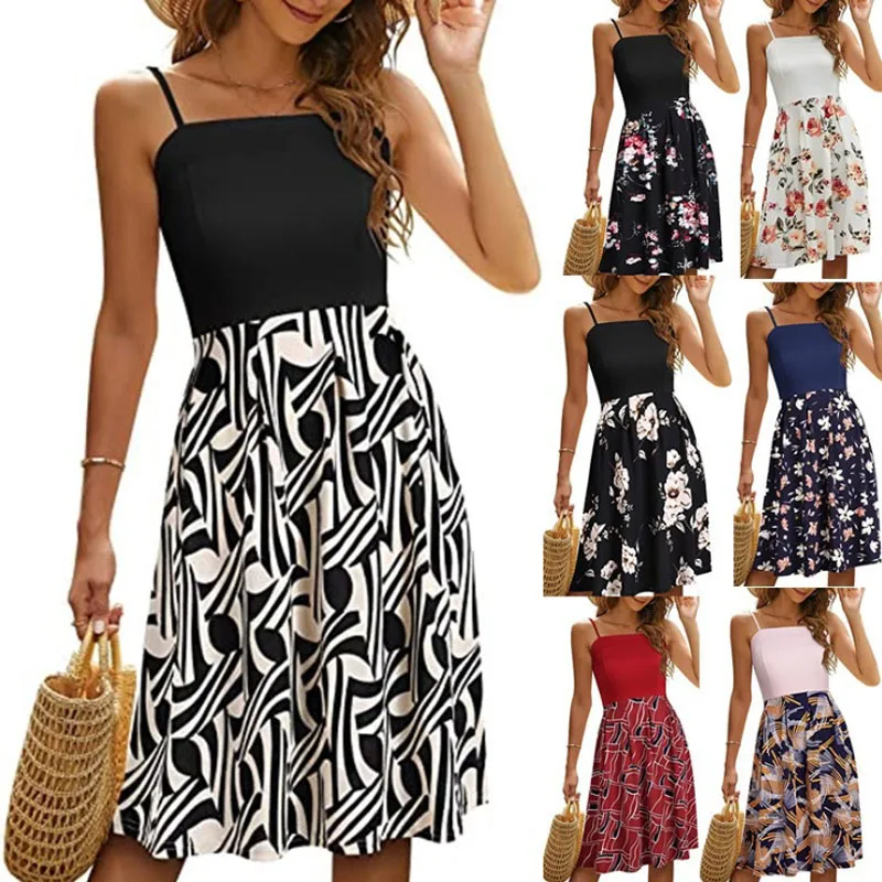 

Patchwork Floral Backless Tank Dress Women Summer Beach Sexy Leisure Braces Outdoor Skinny Mid Waist Pullover Suspender Dress