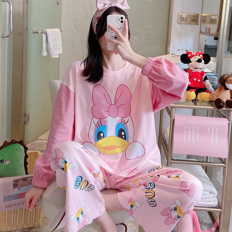

Spring and Autumn Pajamas Female Korean-style Loose Cotton Long Sleeves Pink Suit Duckling May Outerwear Summer and Autumn