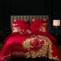 luxury gold phoenix embroidery red chinese wedding 100s egyptian cotton bedding set duvet cover bed sheet bedspread pillowcase