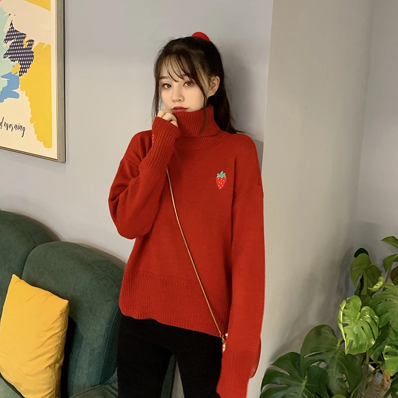 Kawaii, клубника, водолазка, Женский вязаный свитер, Милая Вышивка, высокая горловина, трикотаж, милый, на год, Pull Femme, джемпер, красный, Корея