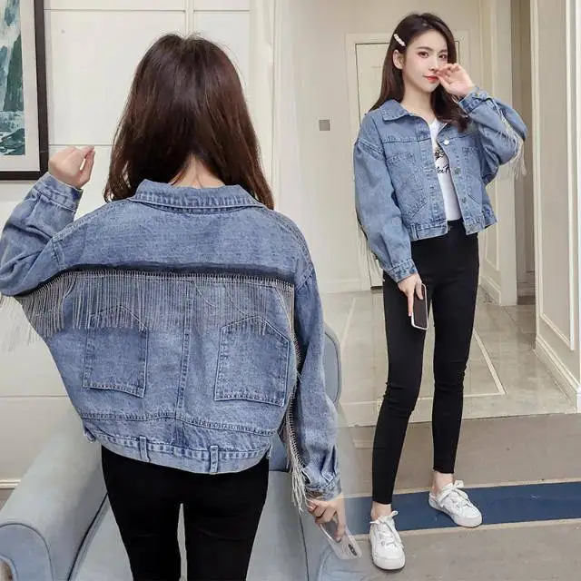 Autumn Spring Denim Jacket Women Fashion Coats Bling Sequins Long Sleeves Embroidery Basic XZ011 | Женская одежда