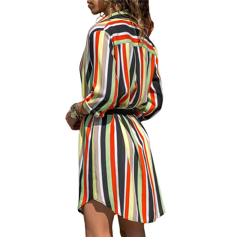 LEH Long Sleeve Shirt Dress 2019 Summer Chiffon Boho Beach Dresses Women Casual Striped Print A-line Mini Party Vestidos | Женская
