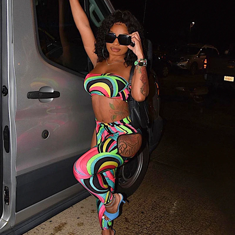 

CIBBAR Summer Printing Two Piece Set Women Sexy Strapless Corset Top+Hollow Out Long Pants Suits Female Sexy Bodycon Clubwear
