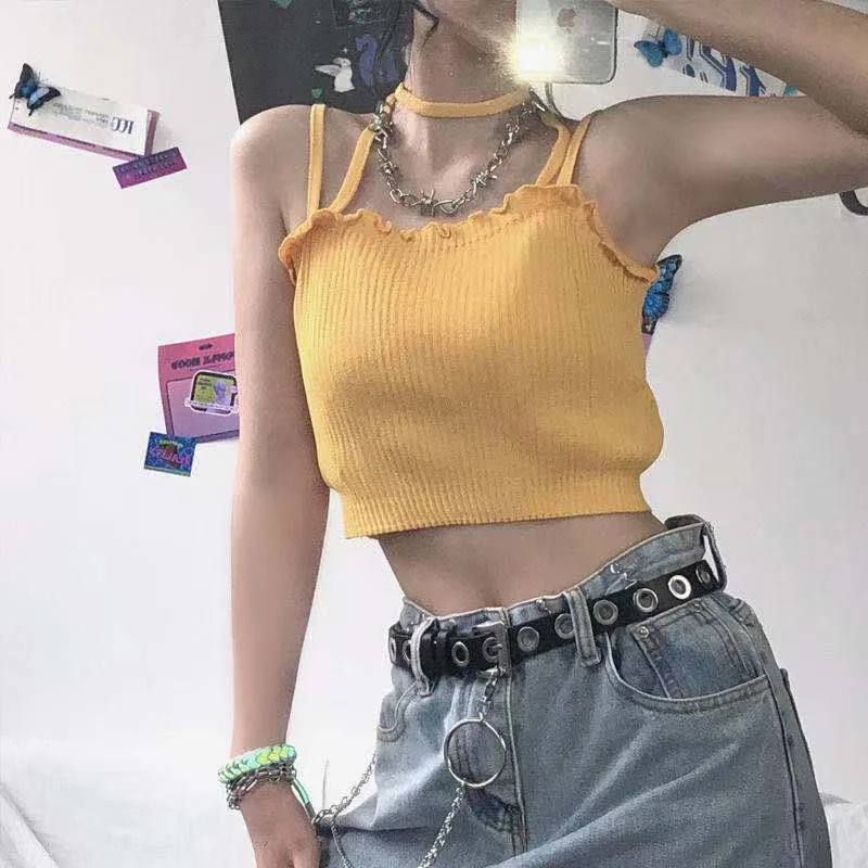 

2021 European and American sexy sling cocktail party halter neck knit V-neck sling women's outerwear all-match sports vest