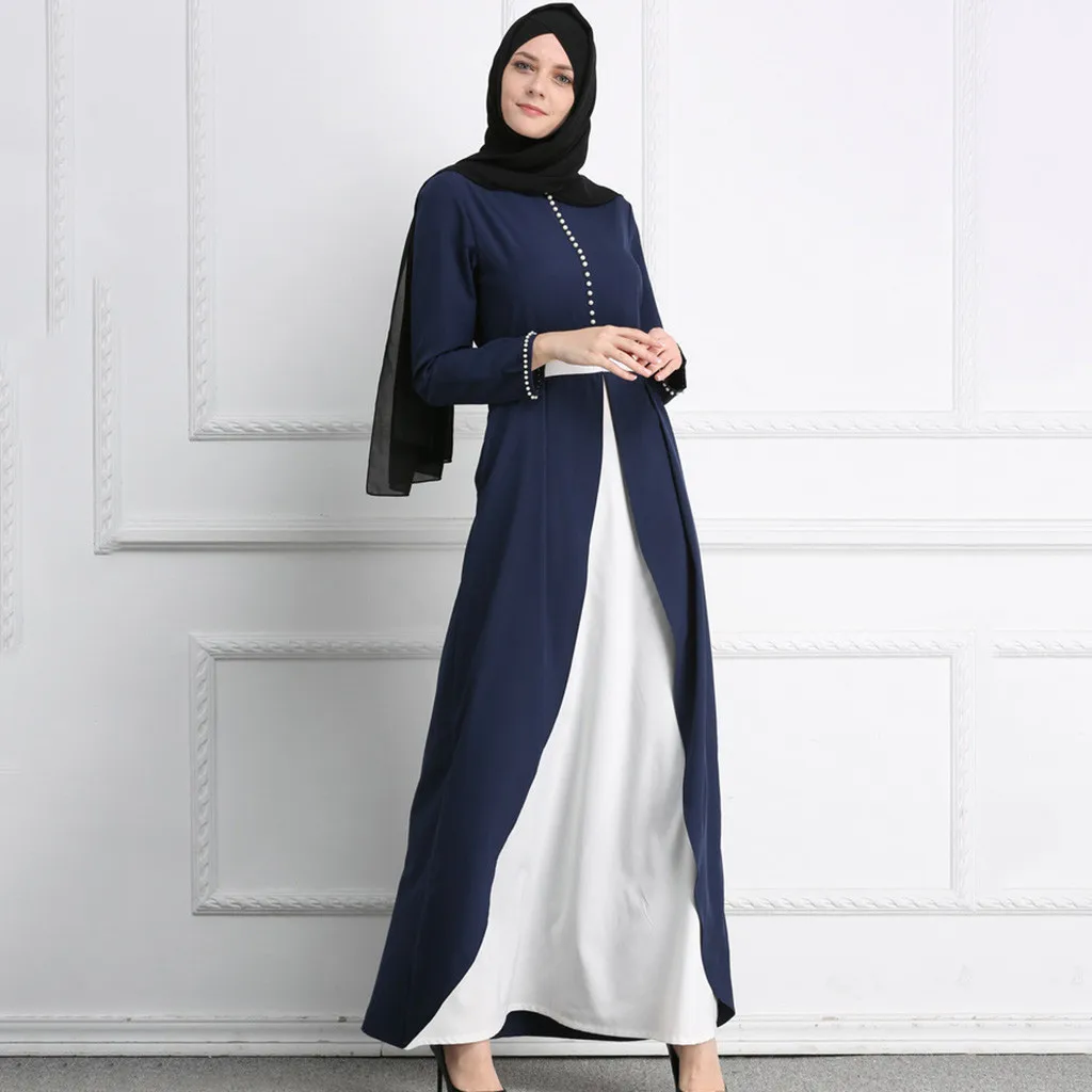 Длинное платье в мусульманском стиле с голубым и белым отстрочкой длинное