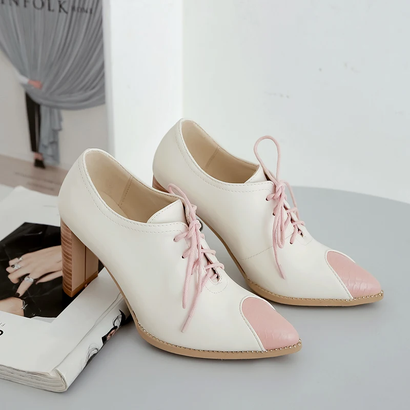 

WETKISS Women Pumps Lace Up Shoes Woman High Heels Ladies Pumps Mixed Color Female Casual Shoes Cross Tied Heel
