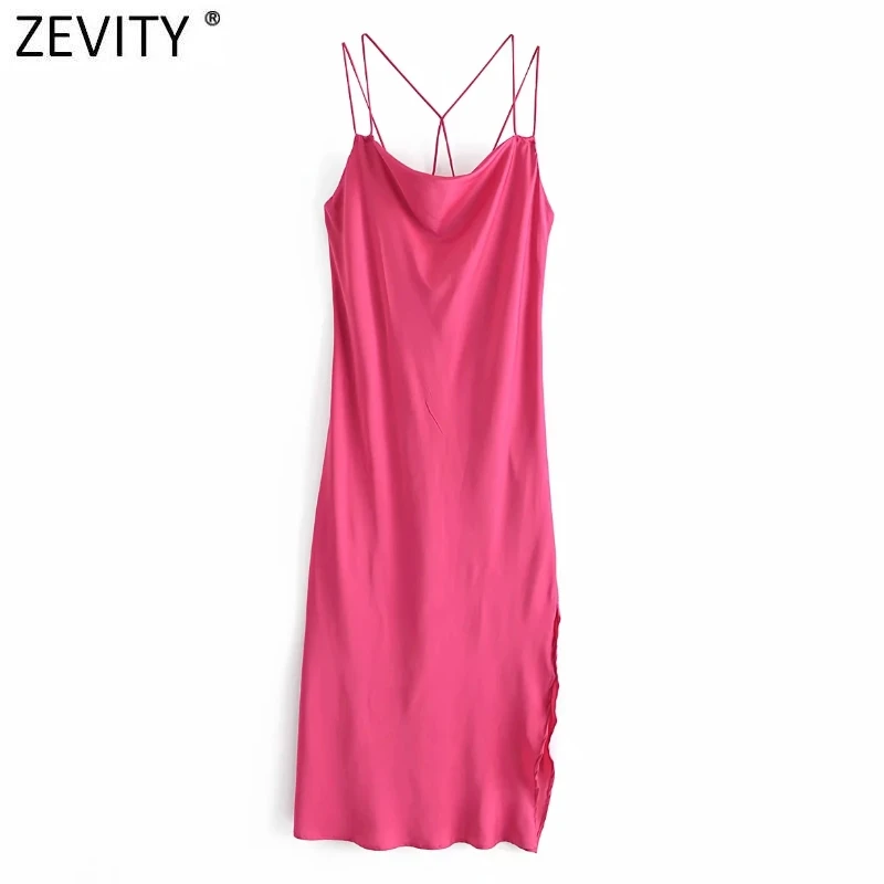 

Zevity Women Fashion Solid Side Split Soft Satin Sling Dress Chic Female Spaghetti Strap Backless Lace Up Inner Vestidos DS8588