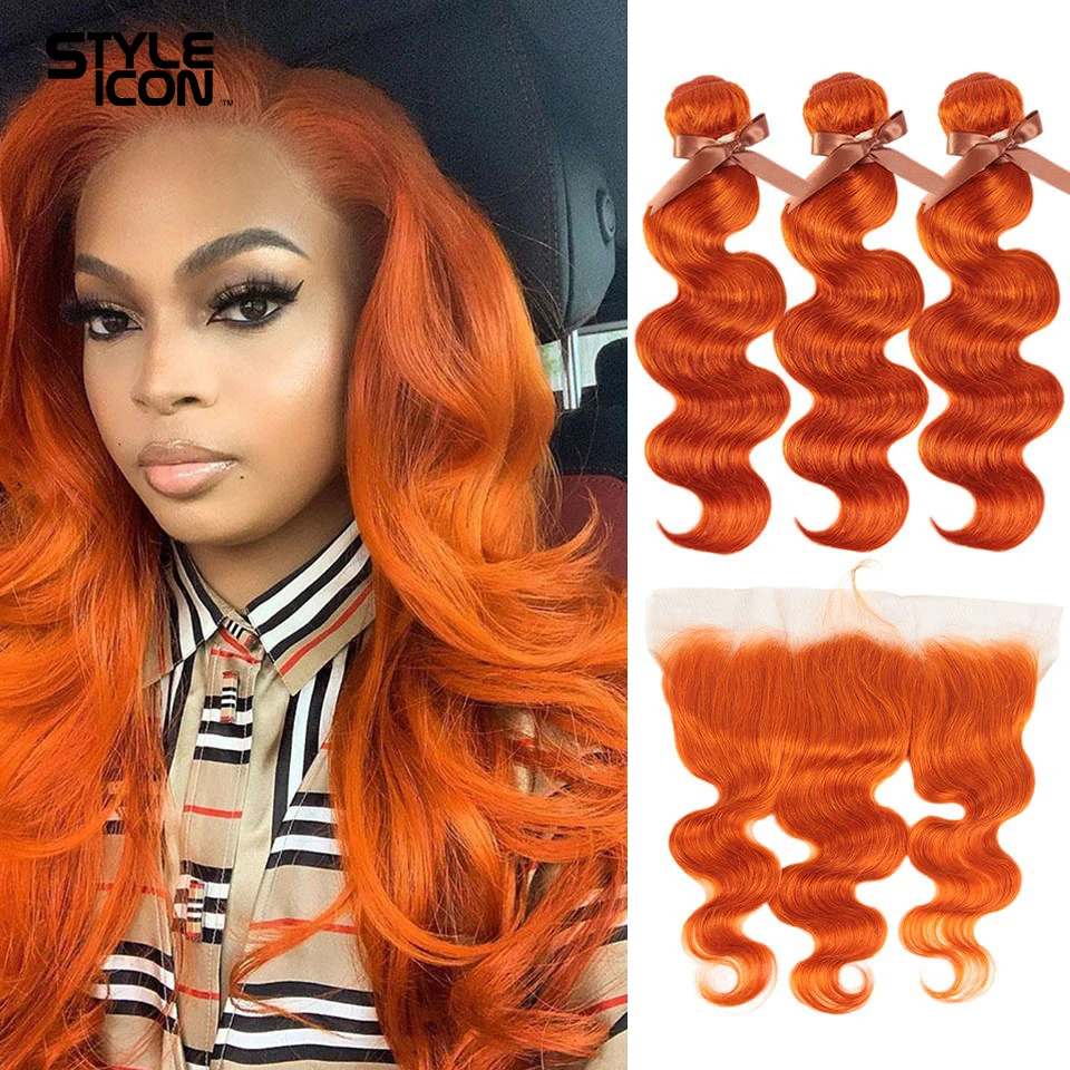 Mink Orange  Blonde Color Brazilian Body Wave Bundles With Frontal Remy Human Hair Weave 3 Bundles With Frontal Hair Extension