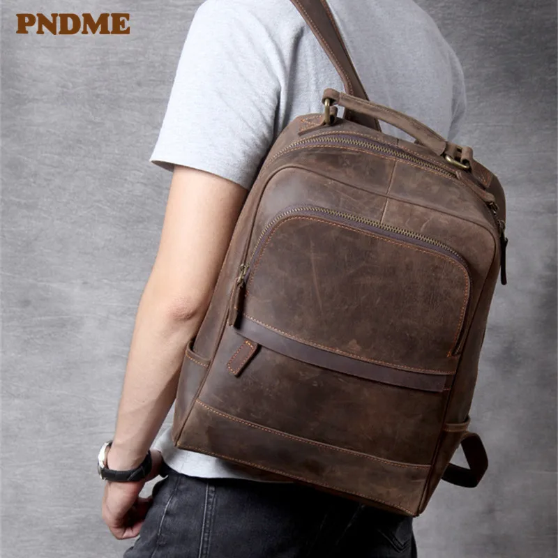 PNDME vintage crazy horse cowhide men's large computer backpack high quality luxury genuine leather outdoor daily travel bagpack