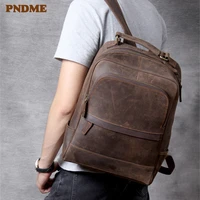 pndme vintage crazy horse cowhide mens large computer backpack high quality luxury genuine leather outdoor daily travel bagpack