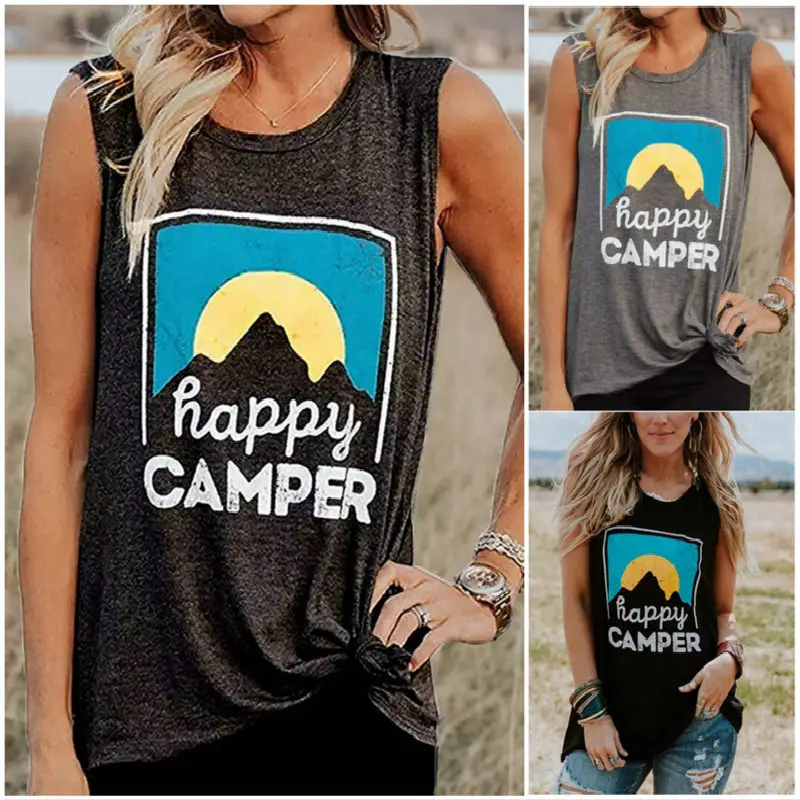 Для женщин Happy Camper горы Женская Футболка Цветочный Hipster Мода бретели забавные