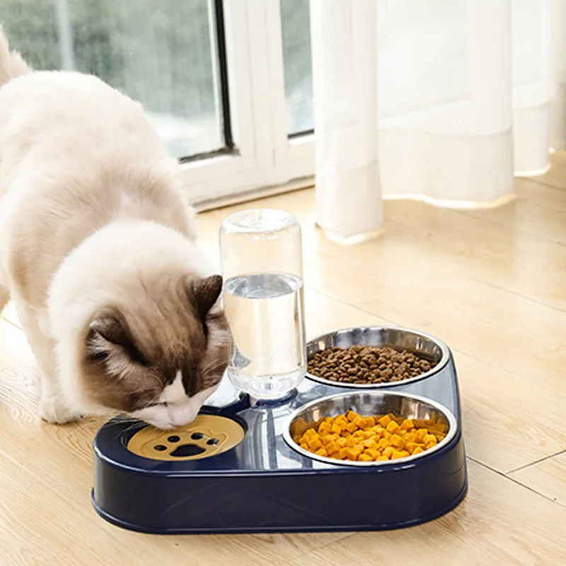 

500 мл семейная миска с бутылкой для воды для собак, автоматическая Питьевая семейная миска для еды, двойная 3 миски из нержавеющей стали для д...