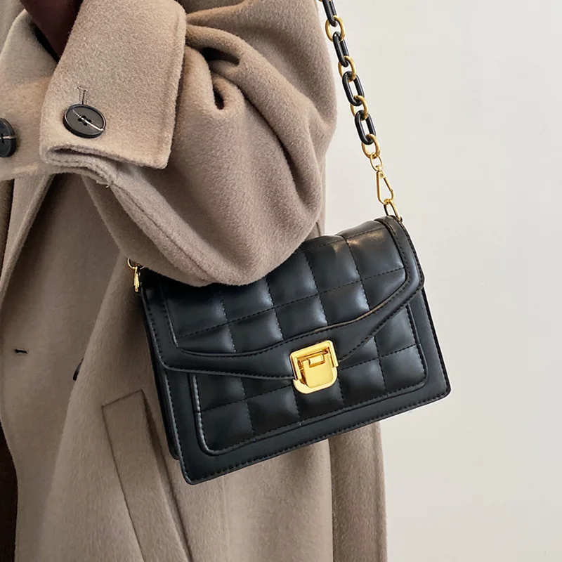 

Black Plaid Quilted Shoulder Bags for Women Quality Leather Messenger Bag Small Flap Bag Female Lattice Chain Crossbody Handbag