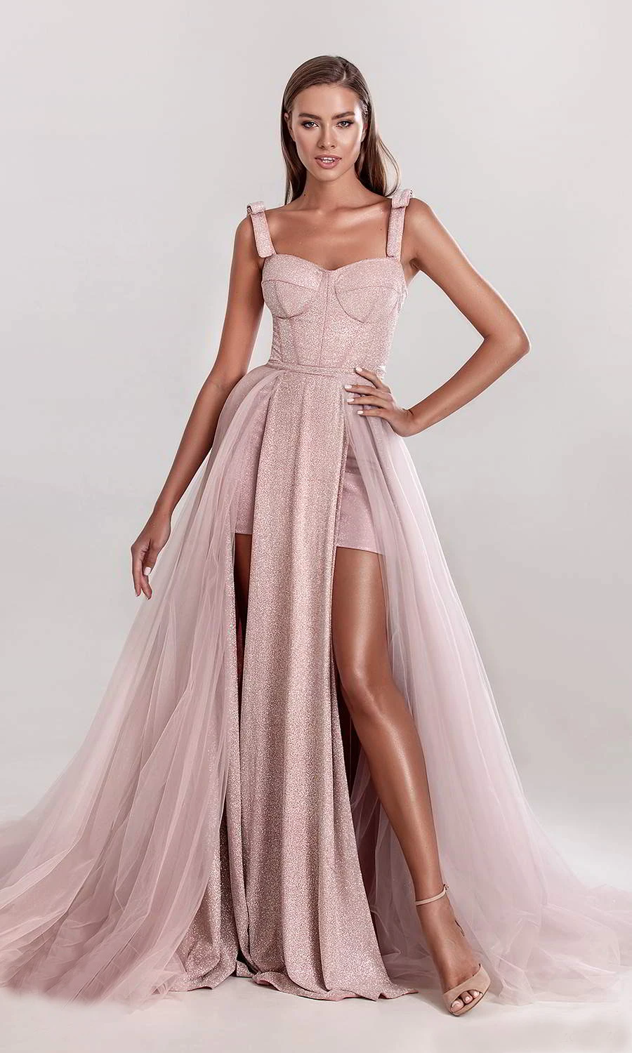 

Long Tulle Glitter Prom Dresses 2021 Spaghetti Straps Sweetheart Double High Split Formal Evening Party Dress vestidos de gala