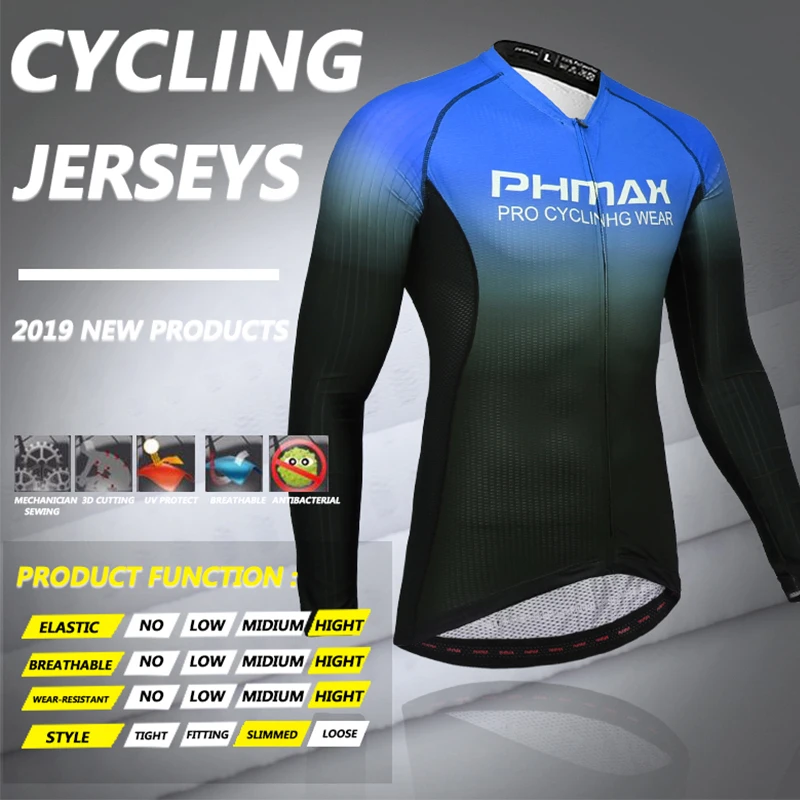 安い Phmaxプロサイクリングセット男性サイクリング服バイク服通気性の抗uv自転車ウエア長袖ジャージセット