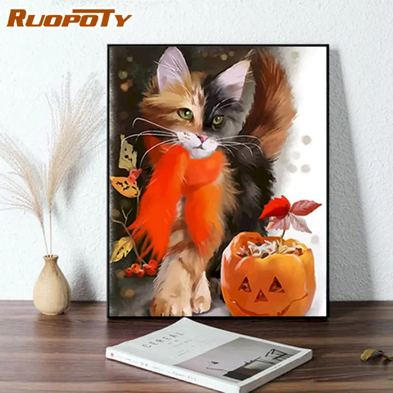 

RUOPOTY DIY Paint By Numbers Cat Pumpkin Kits DIY oil by numbers sencery 60x75cm Handpainted Acrylic Canvas Paint Diy Arts Gift