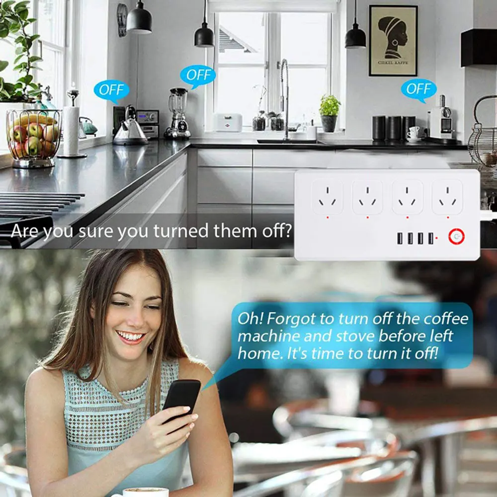 

SAA Smart Power Strip,WiFi Power Bar Multiple Outlet Extension Cord with 4 USB and 4 Individual Controlled AC Plugs by Tuya