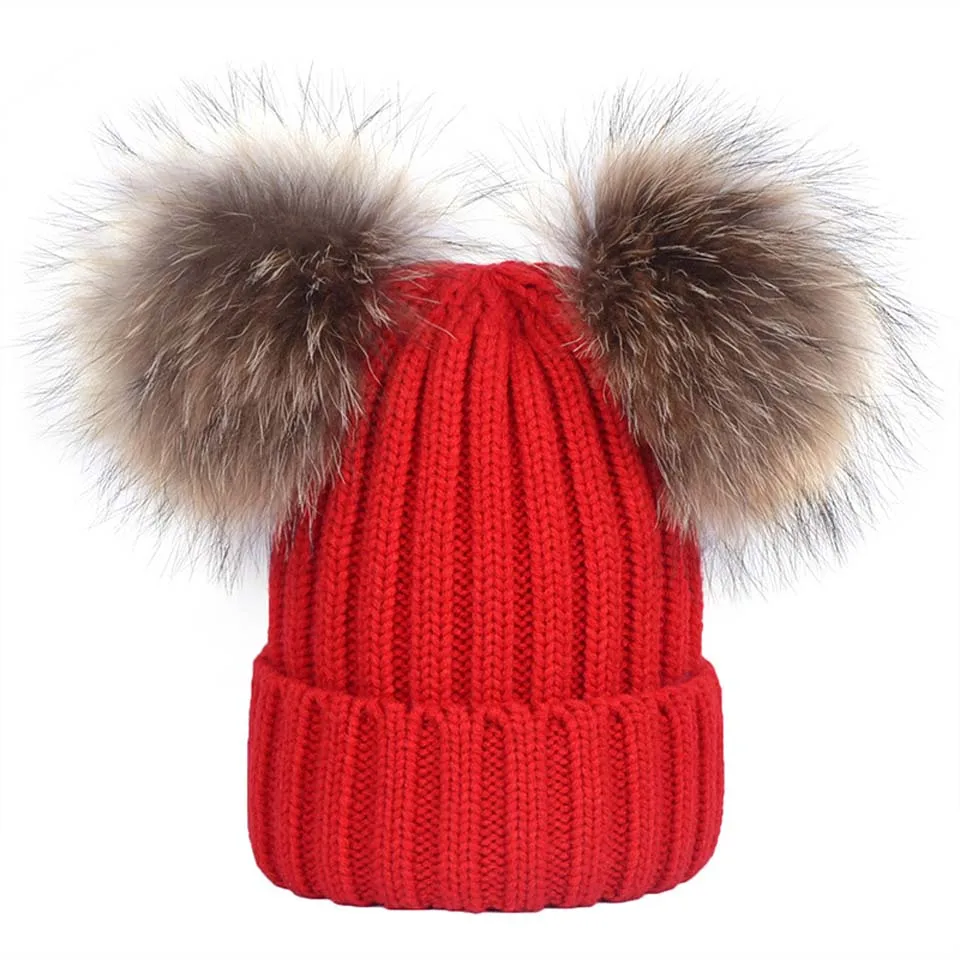 

Adult Winter Brand Cap Kids' Double Real Fur Ball Pom Poms Hat For Lady Mickey Ear Hat Knitted Cap Hat Skullies Women Beanies