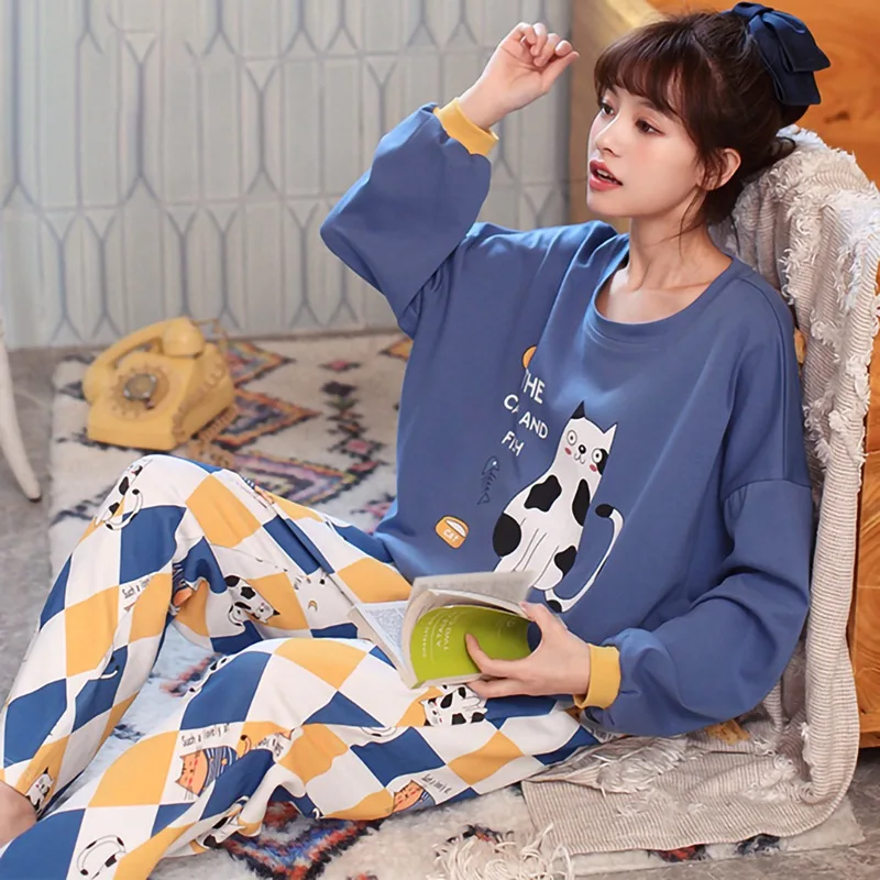 

2 Pieces Home Wear Set Lady Lovely Cute Plaid Cartoon Pattern Pajamas Suit Loose Casual Long Sleeves Top And Pants Hot